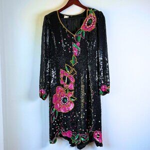 Vintage 80s Judith Ann Creations Silk Sequin Floral Dress Pristine Hand Beaded